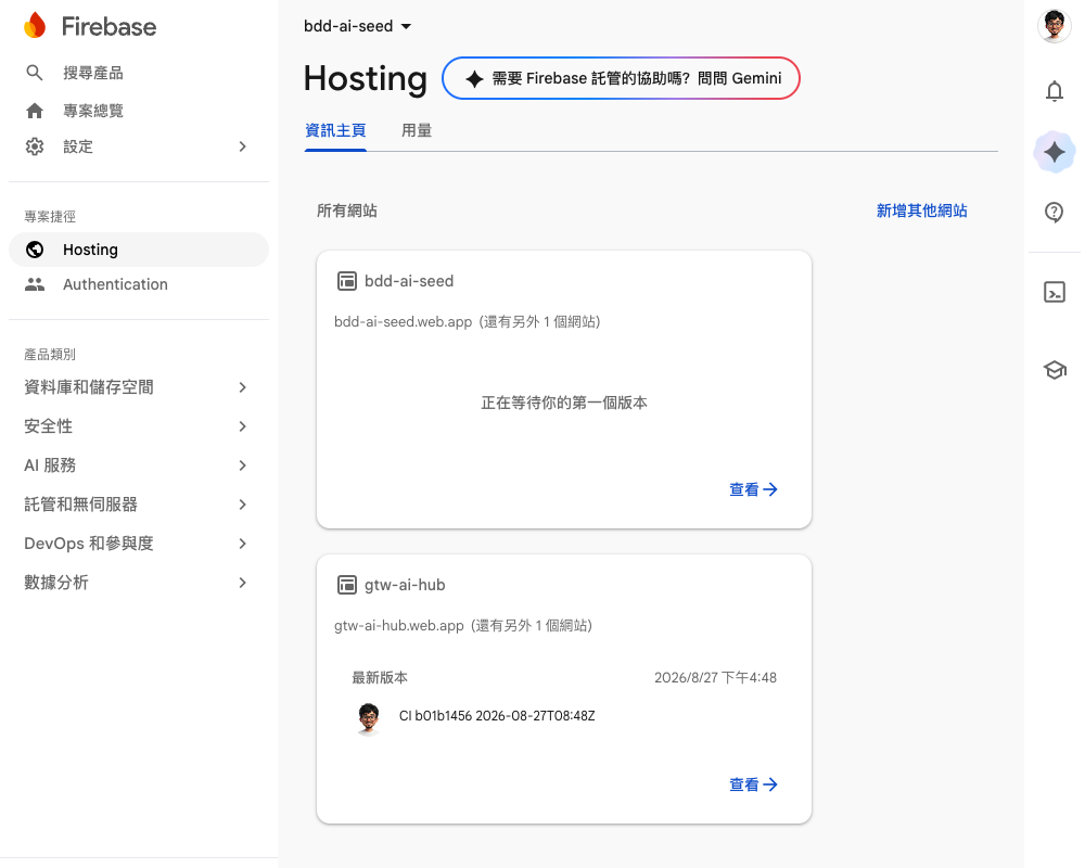 Firebase Hosting 的專案畫面