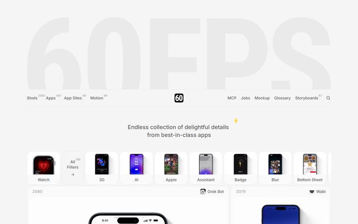 60fps.design 首頁：主流 App 動效收錄