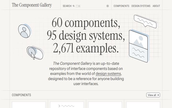 The Component Gallery 首頁：60 元件、95 套設計系統