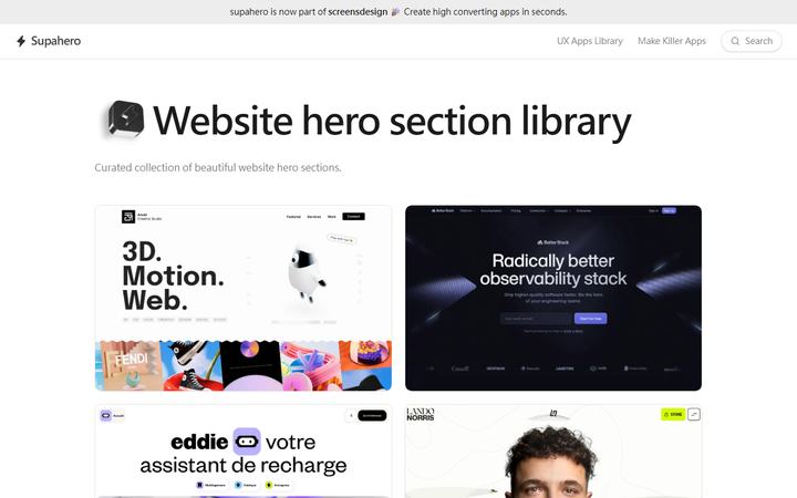 Supahero 首頁：網站首屏 hero 區範例庫