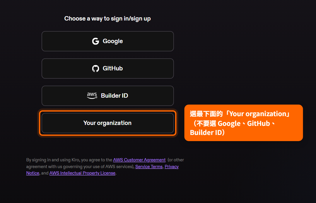 Kiro 登入選擇頁：選 Your organization