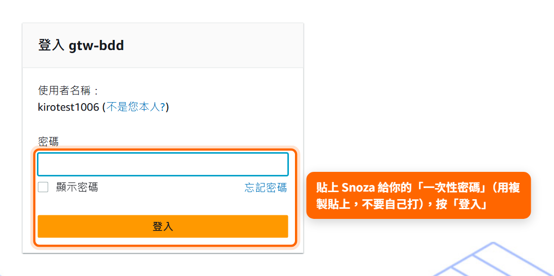 密碼頁：貼上一次性密碼並按登入